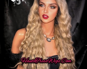 Balayage Blonde, Ash Blonde, Ombre Blonde, Dark Root, Spanish Wave, Beach wave, Wavy, Human Hair Blend, Bombshell Wig,  Lace Front Wig