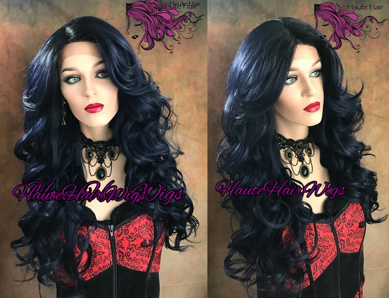 Midnight Blue Human Hair Blend Romantic Curls Lace Front Wig Etsy