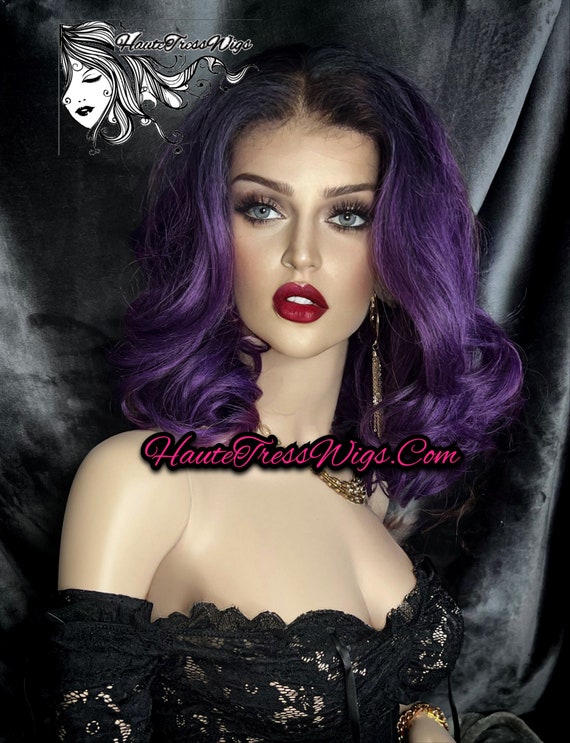 Bob Dark Root Purple Pastel Free Parting Bombshell Wig Layered Human Hair Blend Goth Wig Lavender Wig Realistic Hairline Pupra Etsy UK