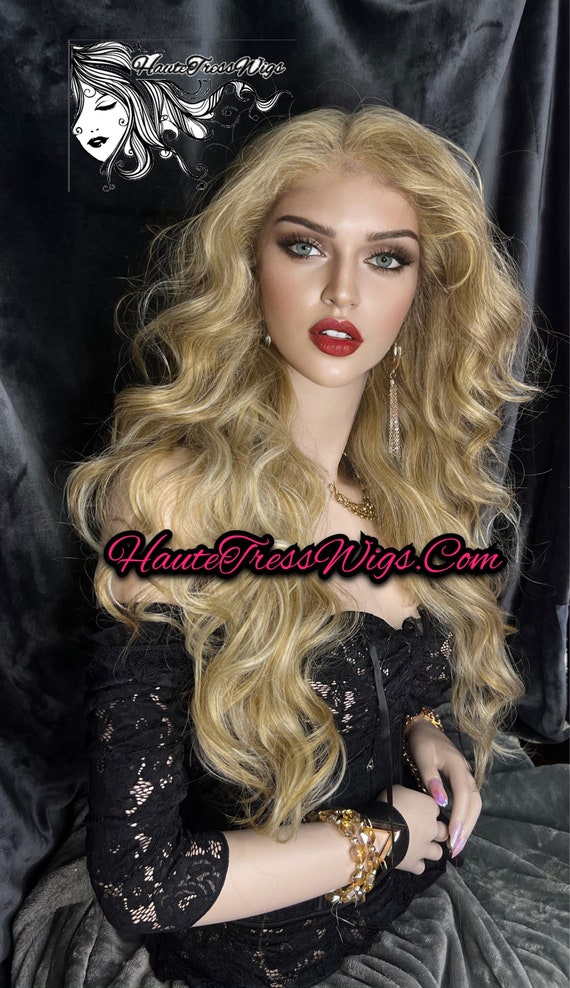 Frosted Blonde Wavy Bombshell Wig Blonde Mix Highlight Creamy Blonde Ash Free Parting Pre plucked Hairline Lace Front Wig Etsy