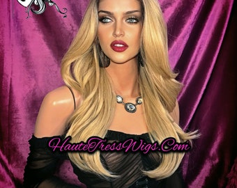 Balayage, Brown Root, Honey Blonde, Bombshell Wig, Pre-Plucked Hairline, HD Lace, Transparent Lace, Layer, Human Hair Blend, Lace Front Wig