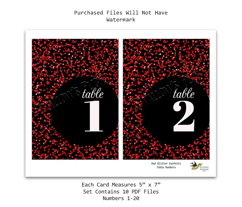 Printable Red Glitter Table Numbers Set 1-20 Table Signs 5x7 | Etsy