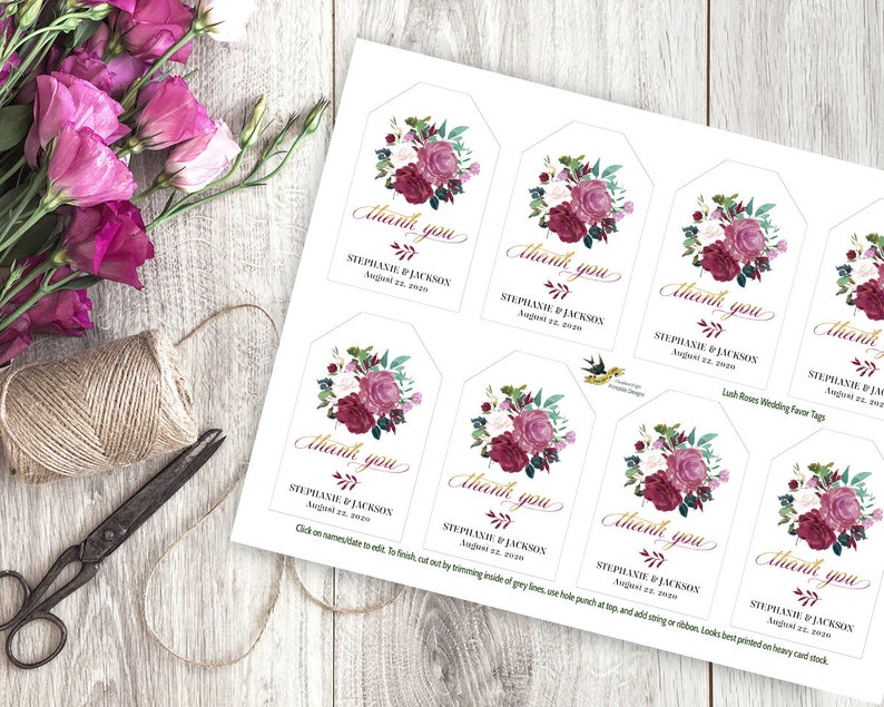 Printable Wedding Roses Favor Tags ~ Editable PDF DIY Gift Tags Labels ~ Instant Download ~Floral Flower Wine Purple Gold Foil Bouquet