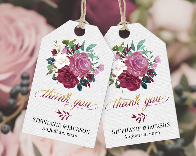 Printable Wedding Roses Favor Tags ~ Editable PDF DIY Gift Tags Labels ~ Instant Download ~Floral Flower Wine Purple Gold Foil Bouquet