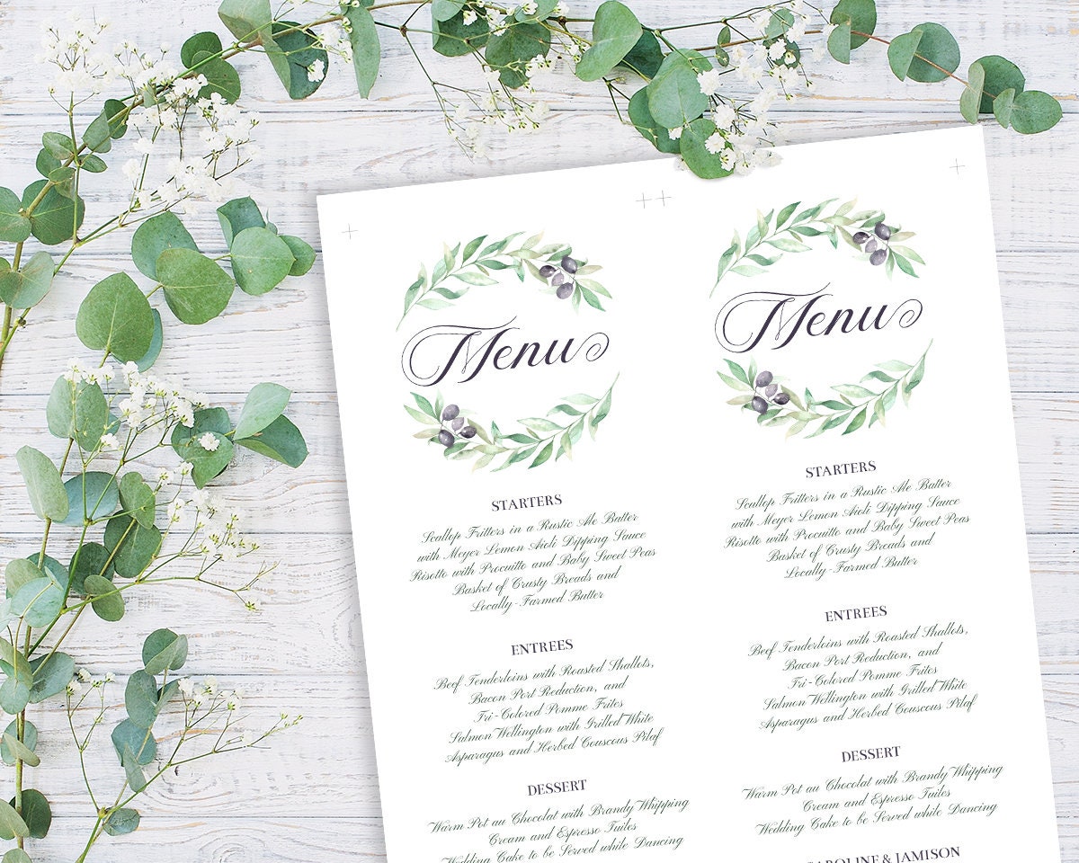 Printable Menu Olive Branches Wedding INSTANT DOWNLOAD Etsy