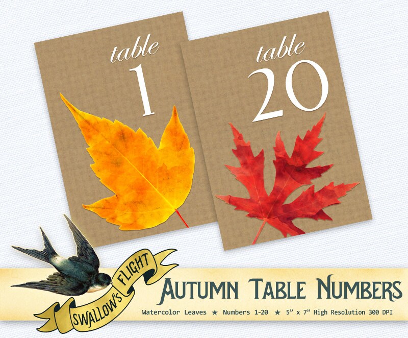 Printable Autumn Table Numbers 5x7 Cards Fall Leaves | Etsy