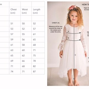 May include: A young girl in a white tutu dress with lace sleeves, posing for a photo. The image includes a size chart for the "Layla Tutu Dress" with chest, waist, and length measurements in centimeters. Instructions on how to measure are also included.