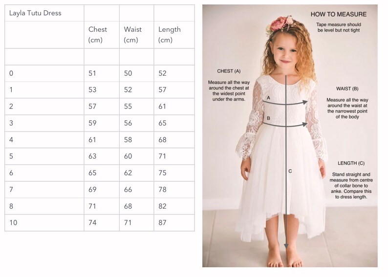 May include: A young girl in a white tutu dress with lace sleeves, posing for a photo. The image includes a size chart for the "Layla Tutu Dress" with chest, waist, and length measurements in centimeters. Instructions on how to measure are also included.