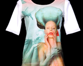 T-shirt, T-shirt designerski, T-shirt z bawełny organicznej, bawełna Supima, top kolekcjonerski, nadruk cyfrowy, luksusowy top damski, biała bawełna organiczna