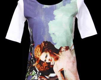 T-shirt, T-shirt designerski, T-shirt z bawełny organicznej, bawełna Supima, bluzka kolekcjonerska, nadruk cyfrowy, luksusowy top damski, biała bawełna organiczna.