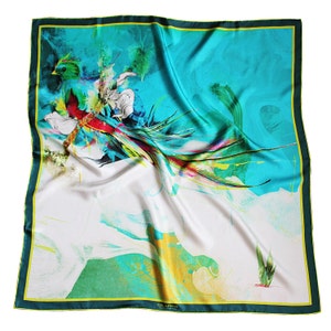 Silk Scarf, Collectible Art, Luxury Silk Scarf, Digital Print, Rare Silk Scarf, Gift for Woman, Green, White, Hand-rolled hemming scarf.