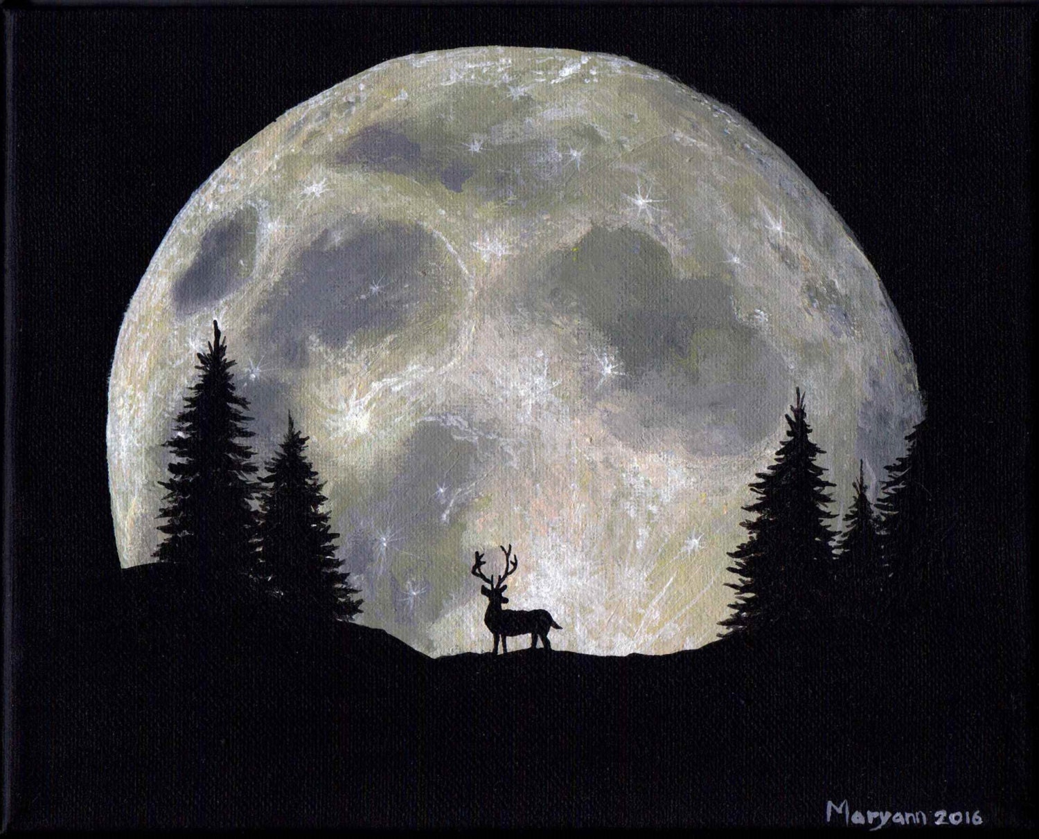 Orginal acrylic painting on canvas “full moon” black and white 16x20 inches