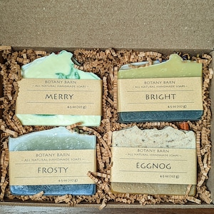 Christmas Soap Gift Set of 4 Organic Bar Soaps. Holidays Scents - Orange, Clove, Cinnamon, Mint, Peppermint, Eggnog, Eucalyptus, Winter