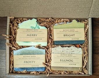 Christmas Soap Gift Set of 4 Organic Bar Soaps. Holidays Scents - Orange, Clove, Cinnamon, Mint, Peppermint, Eggnog, Eucalyptus, Winter