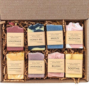 Organic Handmade Soap Gift Set. Sampler of 8 Half Sized Bars. Small Mini 2.2 oz Cold Process Soaps. A Great Hostess Gift, Thank You Present