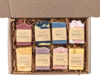 Organic Handmade Soap Gift Set. Sampler of 8 Half Sized Bars. Small Mini 2.2 oz Cold Process Soaps. A Great Hostess Gift, Thank You Present