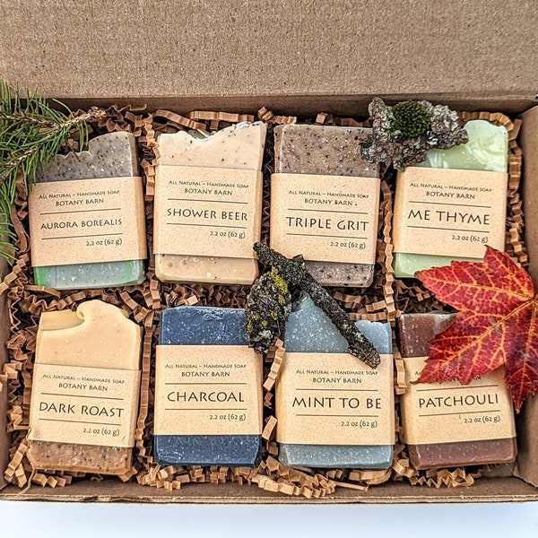Woodsy Soap Gift Set of 8 Small Organic Soaps with Earthy or Herbal Scents. Essential Oil Cold Process Soap Variety Pack. Soap Sample Set.