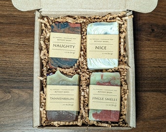 Christmas Soap Gift Set of 4 Small Half Sized Organic Bar Soaps. Holidays Scents, Peppermint, Fir, Orange, Lemongrass, Lavender, Star Anise.