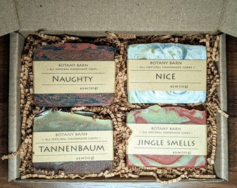 Christmas Soap Gift Set of 4 Organic Bar Soaps. Holidays Scents - Peppermint, Fir, Orange, Lemongrass, Lavender, Star Anise.