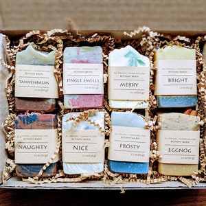 Christmas Soap Gift Set of 8 Small Half Sized Organic Bar Soaps. Holidays Scents - Orange, Clove, Cinnamon, Mint, Frankincense, Fir, Nutmeg