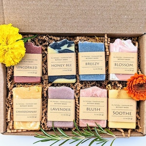 Luxury Floral Soaps Gift Set of 8 Small Soaps with Organic Lavender Soap, Wine Soap, Citrus Soap. Essential Oil Cold Process Handmade Soaps