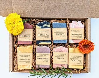 Luxury Floral Soaps Gift Set of 8 Small Soaps with Organic Lavender Soap, Wine Soap, Citrus Soap. Essential Oil Cold Process Handmade Soaps