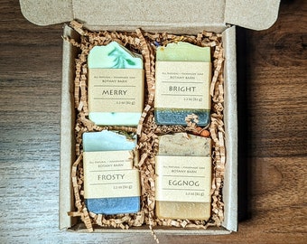Christmas Soap Gift Set of 4 Small Half Sized Organic Bar Soaps. Holidays Scents - Orange, Clove, Cinnamon, Peppermint, Eggnog, Eucalyptus