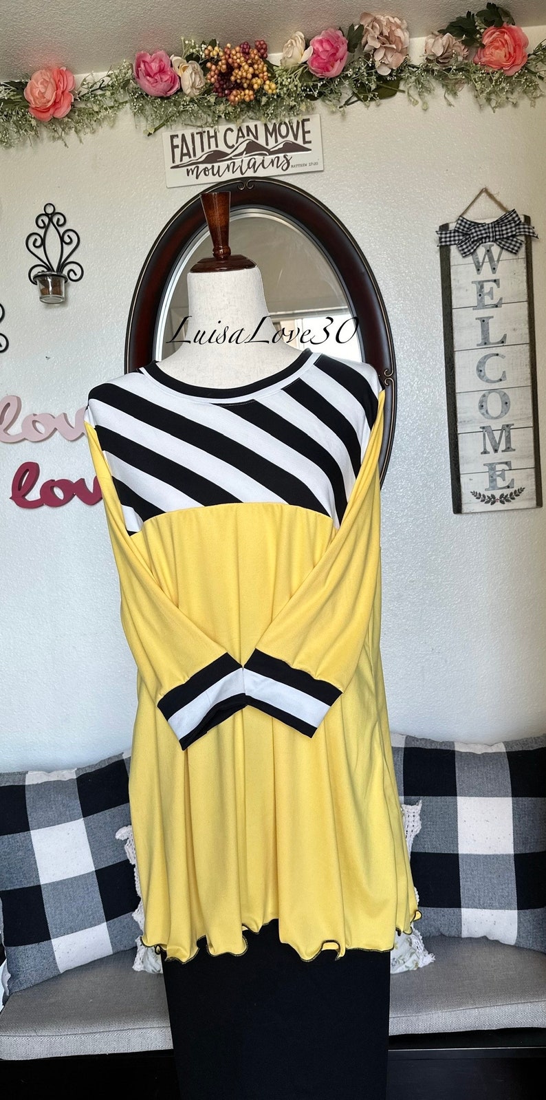 luisalove30 Black White Stripe & Lemon Yellow Solid , Maddie Casual A-Line top, Slight High Low, Top ONLY Sizes Xxs-6X afbeelding 2
