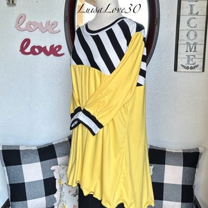 luisalove30 Black White Stripe & Lemon Yellow Solid , Maddie Casual A-Line top, Slight High Low, Top ONLY Sizes Xxs-6X afbeelding 4