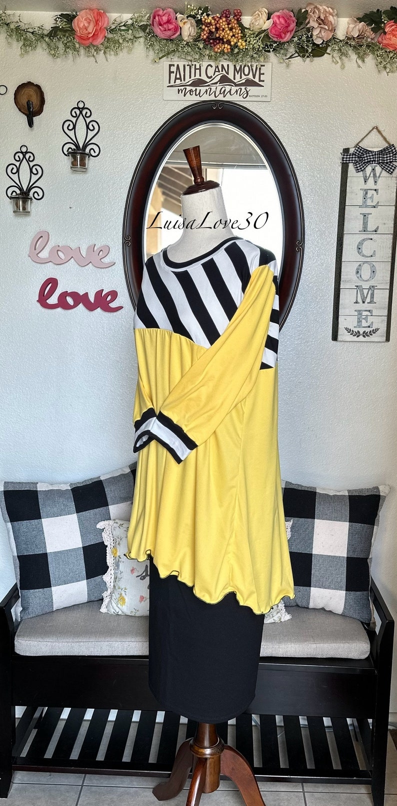 luisalove30 Black White Stripe & Lemon Yellow Solid , Maddie Casual A-Line top, Slight High Low, Top ONLY Sizes Xxs-6X afbeelding 4