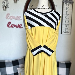 luisalove30 Black White Stripe & Lemon Yellow Solid , Maddie Casual A-Line top, Slight High Low, Top ONLY Sizes Xxs-6X afbeelding 3