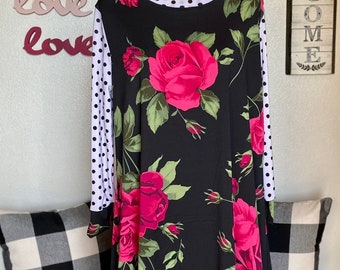 luisalove30- Black Large Fushcia Floral w/a white Black Dot , "Maddie" Casual A-Line top,  Slight High Low, Top ONLY! Limited quantities