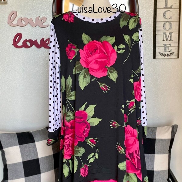 luisalove30- Black Large Fushcia Floral w/a white Black Dot , "Maddie" Casual A-Line top,  Slight High Low, Top ONLY! Limited quantities