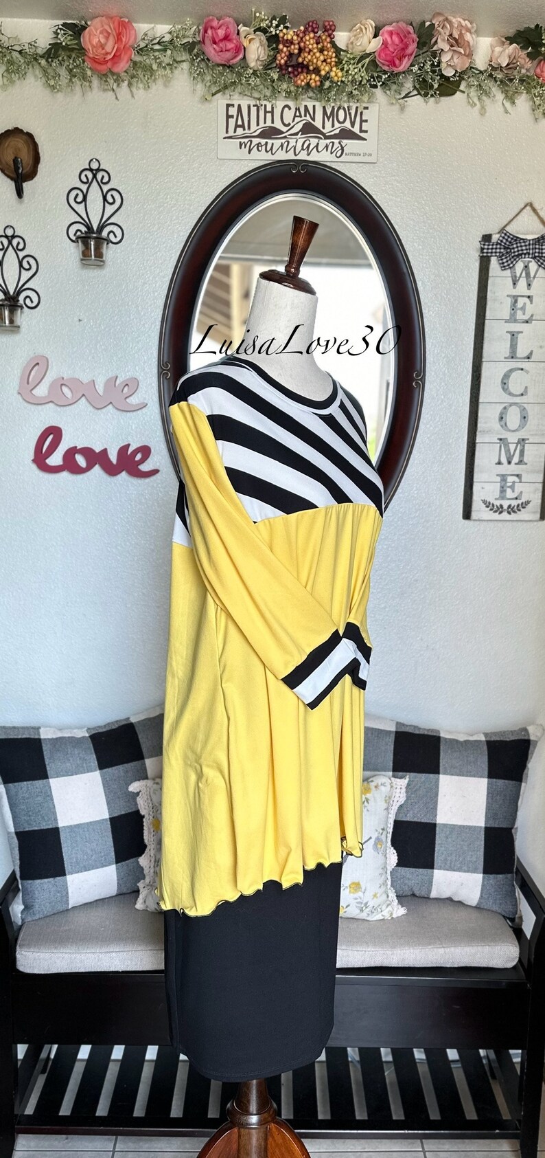 luisalove30 Black White Stripe & Lemon Yellow Solid , Maddie Casual A-Line top, Slight High Low, Top ONLY Sizes Xxs-6X afbeelding 5
