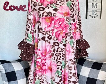LuisaLove30~ LEOPARD Pink Floral, Coffee Dot Trim, Double Ruffle Sleeve, Stretch knit , Sizes xxs-6x, TOP only!