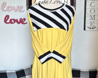 luisalove30- Black White Stripe & Lemon Yellow Solid , "Maddie" Casual A-Line top,  Slight High Low, Top ONLY! Sizes Xxs-6X