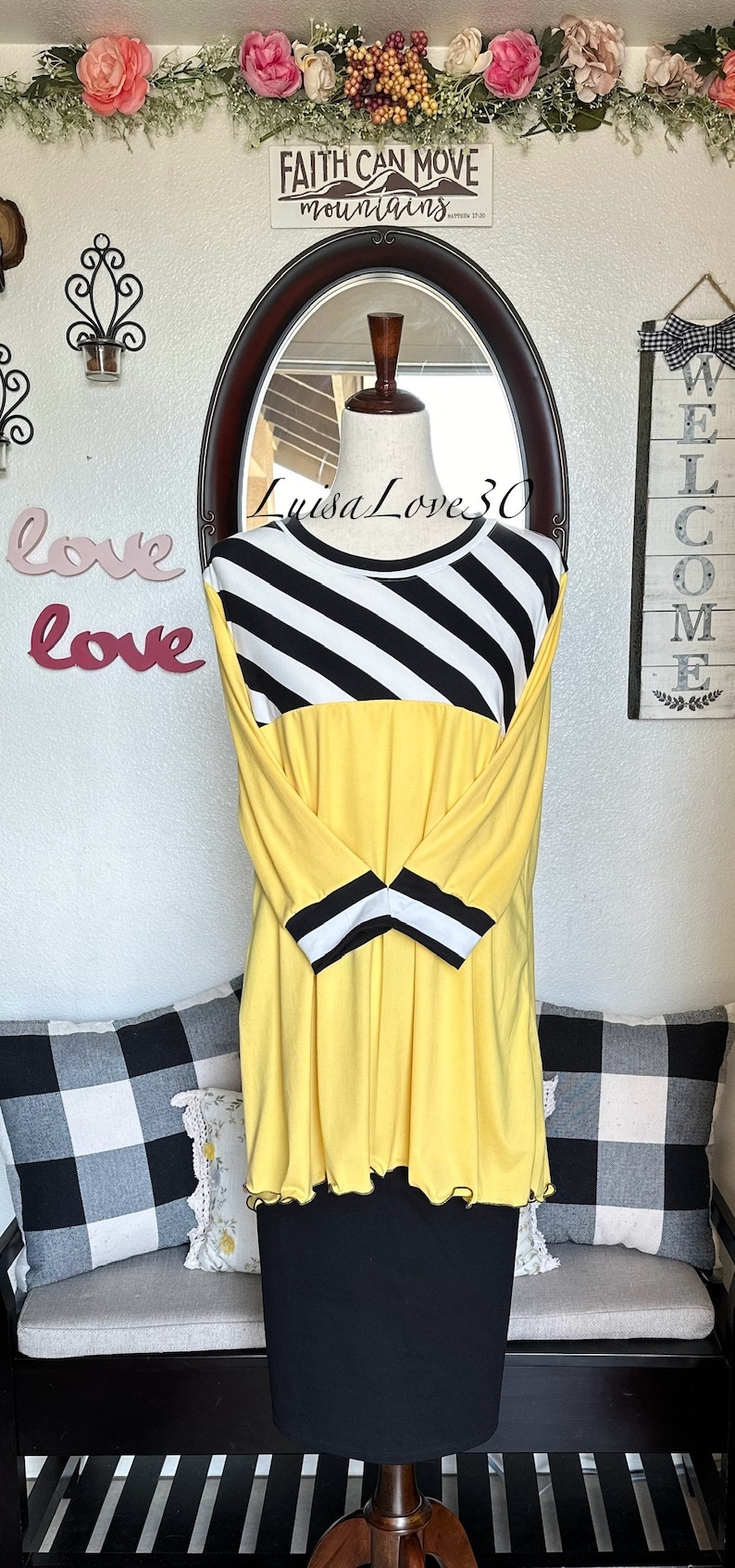 luisalove30 Black White Stripe & Lemon Yellow Solid , Maddie Casual A-Line top, Slight High Low, Top ONLY Sizes Xxs-6X afbeelding 1
