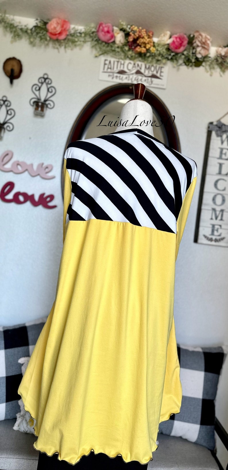 luisalove30 Black White Stripe & Lemon Yellow Solid , Maddie Casual A-Line top, Slight High Low, Top ONLY Sizes Xxs-6X afbeelding 8