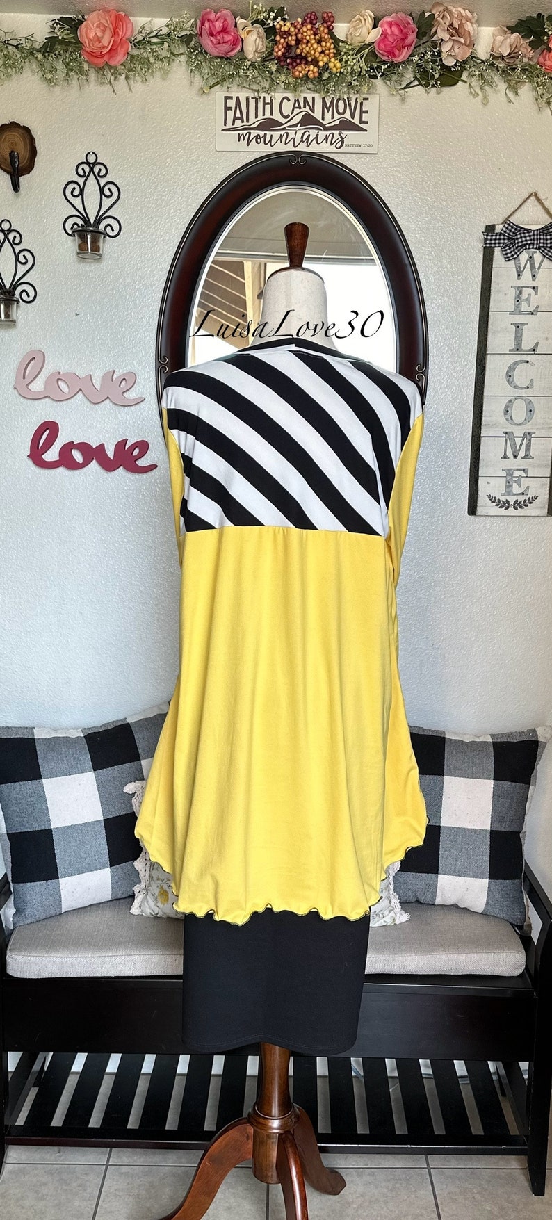 luisalove30 Black White Stripe & Lemon Yellow Solid , Maddie Casual A-Line top, Slight High Low, Top ONLY Sizes Xxs-6X afbeelding 6