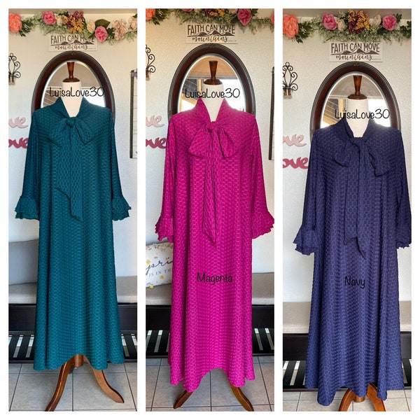 LuisaLove30 ~ HONEYCOMB A Line Midi Dress, Double Bell sleeves, Bow Necktie, Choose your color, Sizes Xxs to 5X , Length 45”