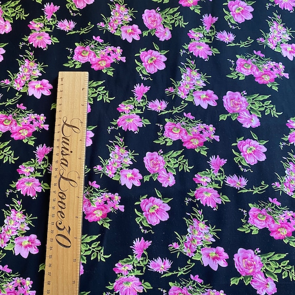 RAYON CHALLIS, Black Fuchsia Floral, Summer woven fabrics, 58” wide, summer floral