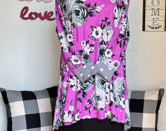 luisalove30- BOLD Lilac Floral w/Black White Dot or Gray dot option , "Maddie" Casual A-Line top,  Slight High Low, Top ONLY!