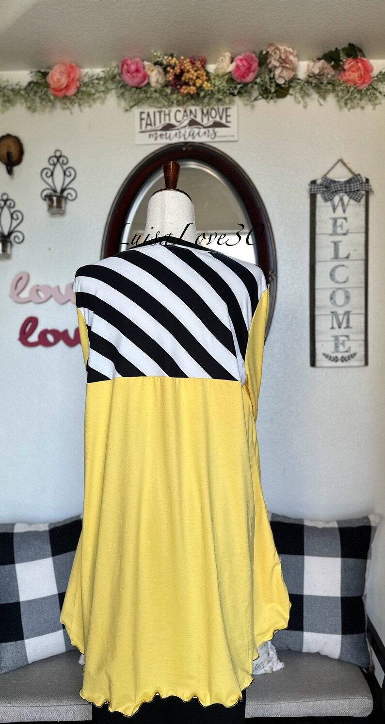 luisalove30 Black White Stripe & Lemon Yellow Solid , Maddie Casual A-Line top, Slight High Low, Top ONLY Sizes Xxs-6X afbeelding 7