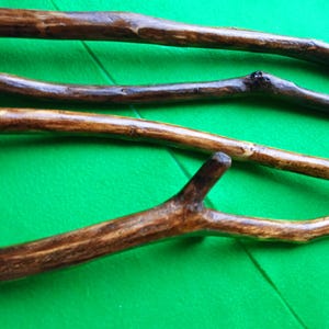 Könnte beinhalten: Vier braune Holzstöcke in verschiedenen Längen und Dicken, auf einer grünen Oberfläche angeordnet.