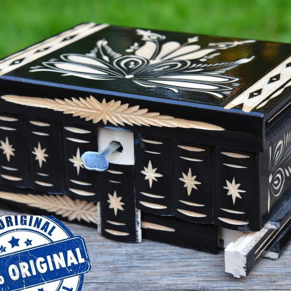 Wooden Puzzle Box Secret Compartment, Brain teaser Hungarian wood box, Hidden safe Trick box