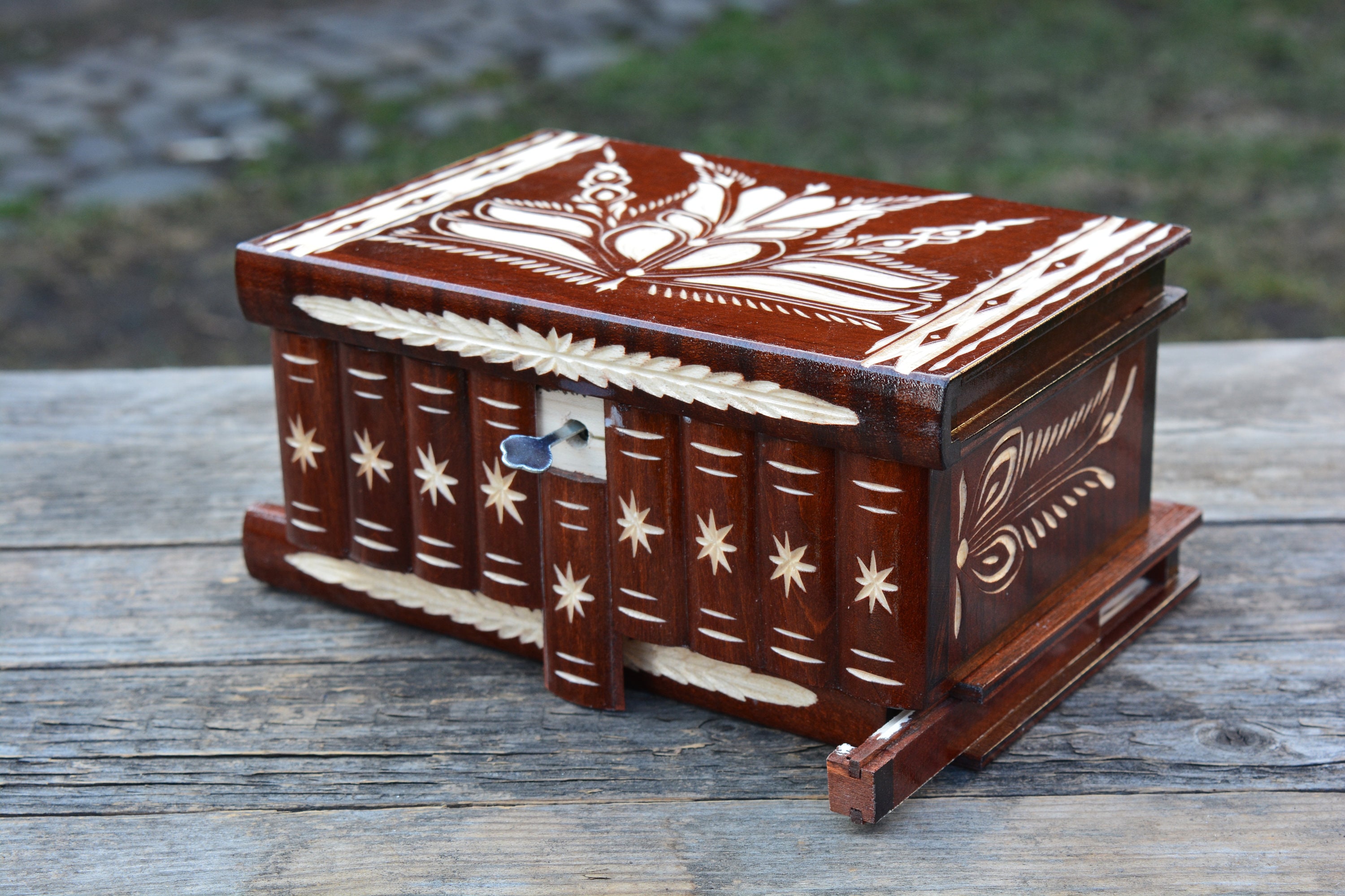 Large Puzzle Box Carved Hungarian Trick Mystery Secret Etsy