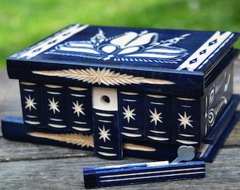 Secret Compartment box with key, Carved Wooden Puzzle box, Magic Treasure Trinket Jewelry Stash box, Personalized Handmade Mystery gift