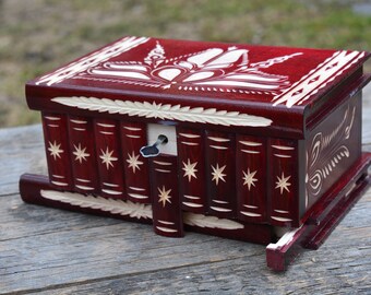 Decorative Handmade Jewelry Box, Secret Compartment Locking Treasure Chest, Personalizable Woodcarved Hungary box