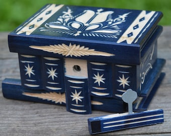 Hand Carved Wooden Puzzle Box with Secret Compartments & Mirror - Personalized Keepsake