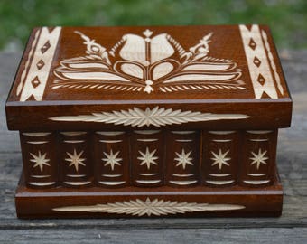 Handmade Carved wooden box with lock, Dracula's Secret box, Hidden compartment